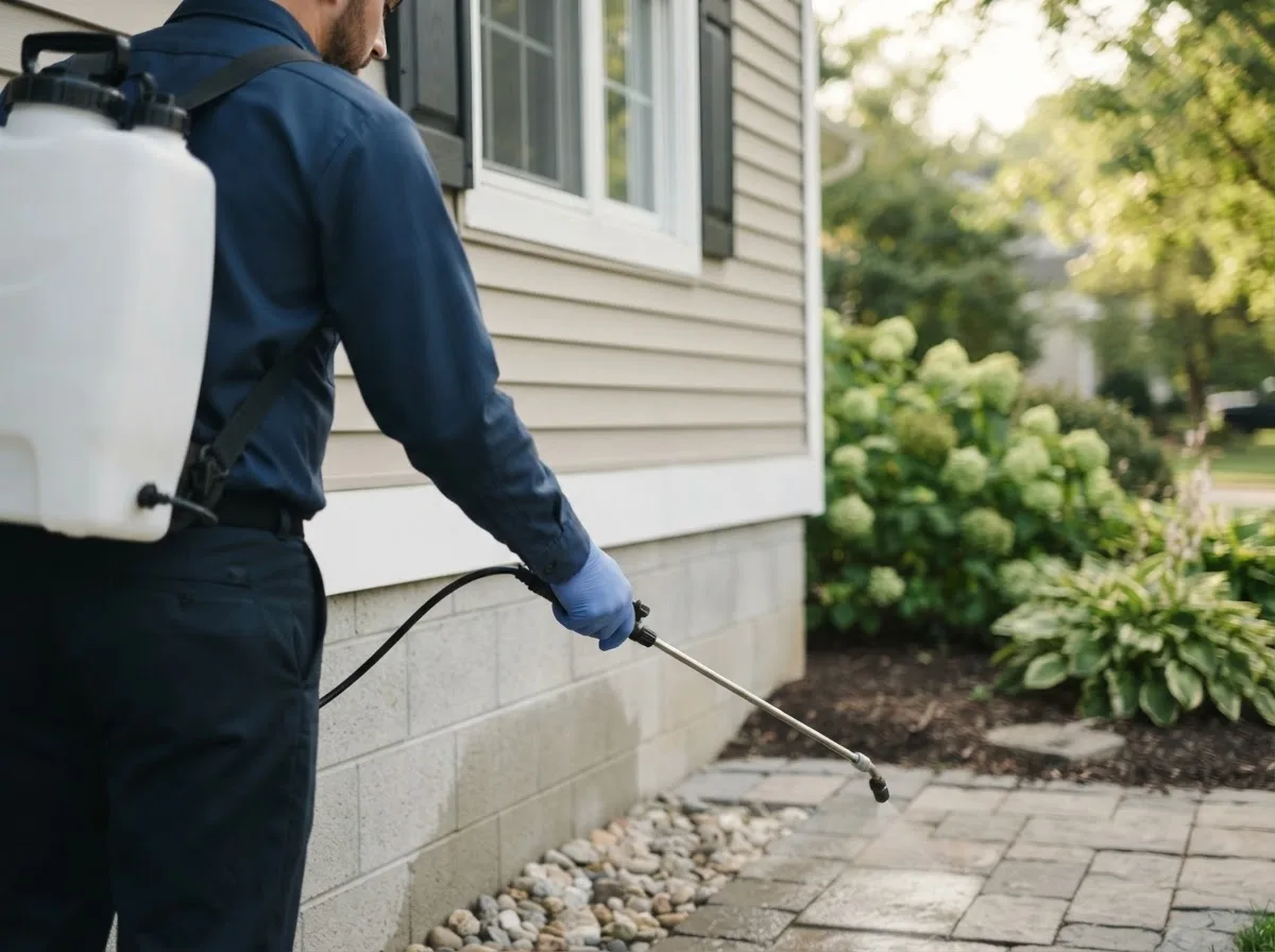 Pest control technician inspecting a home in Carter Lake, IA